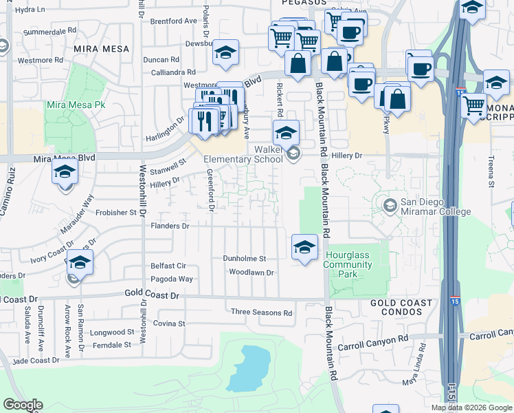 map of restaurants, bars, coffee shops, grocery stores, and more near 10592 Caminito Glenellen in San Diego