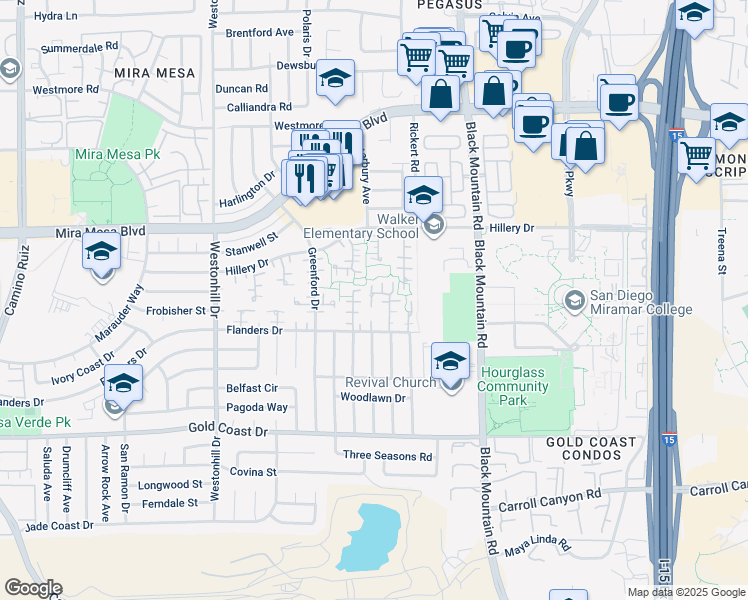 map of restaurants, bars, coffee shops, grocery stores, and more near 10582 Caminito Glenellen in San Diego