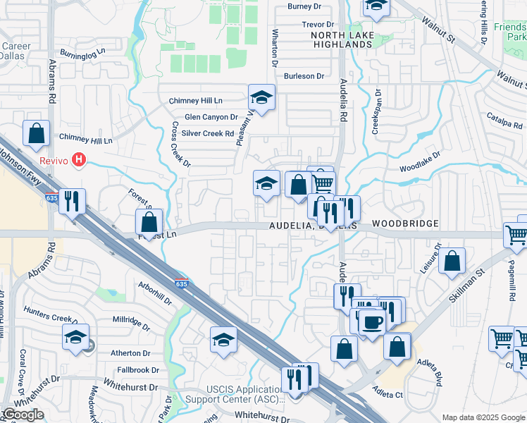 map of restaurants, bars, coffee shops, grocery stores, and more near 9669 Forest Lane in Dallas