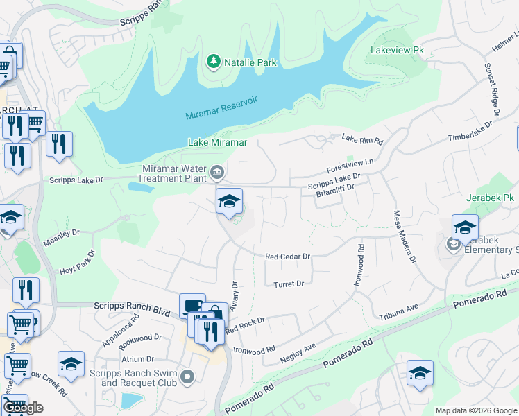 map of restaurants, bars, coffee shops, grocery stores, and more near 10404 Ridgewater Lane in San Diego