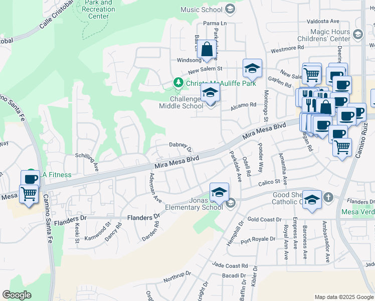 map of restaurants, bars, coffee shops, grocery stores, and more near 184 Mira Mesa Boulevard in San Diego