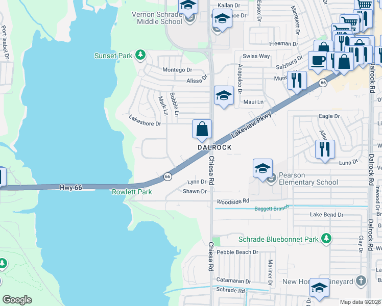 map of restaurants, bars, coffee shops, grocery stores, and more near 7213 Lakeview Parkway in Rowlett