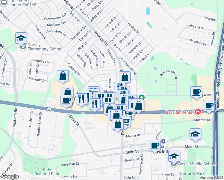 map of restaurants, bars, coffee shops, grocery stores, and more near 3302 Maple Lane in Rowlett