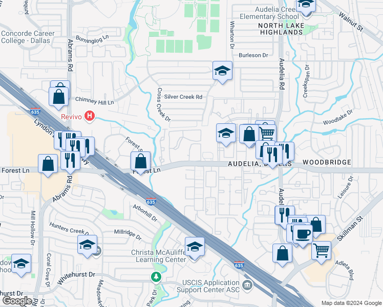 map of restaurants, bars, coffee shops, grocery stores, and more near 9659 Forest Lane in Dallas