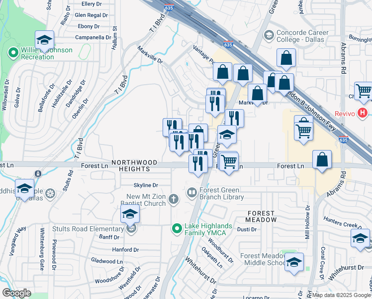map of restaurants, bars, coffee shops, grocery stores, and more near 9079 Forest Lane in Dallas