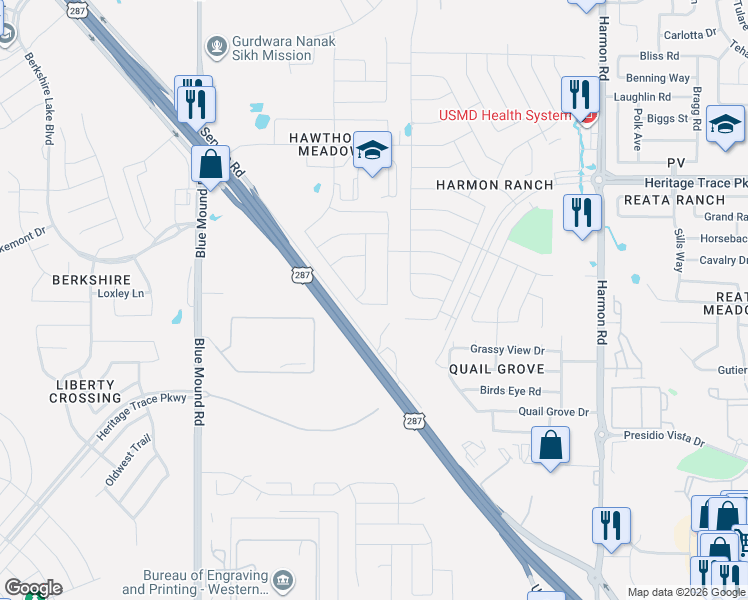 map of restaurants, bars, coffee shops, grocery stores, and more near 9300 Belle River Trail in Fort Worth
