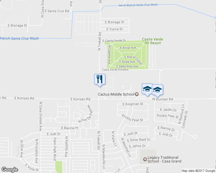 map of restaurants, bars, coffee shops, grocery stores, and more near 2060 North Trekell Road in Casa Grande