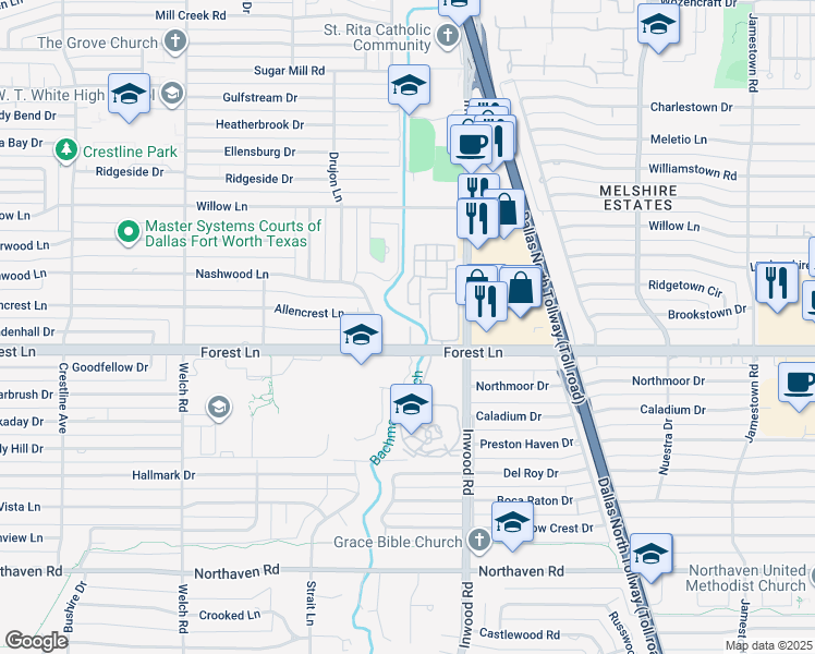 map of restaurants, bars, coffee shops, grocery stores, and more near 5098 Forest Lane Circle in Dallas