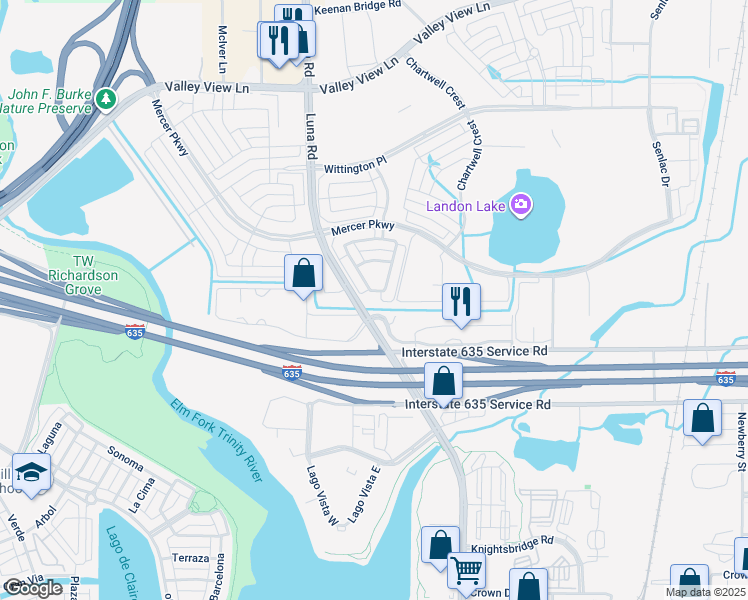 map of restaurants, bars, coffee shops, grocery stores, and more near 11994 Luna Road in Farmers Branch