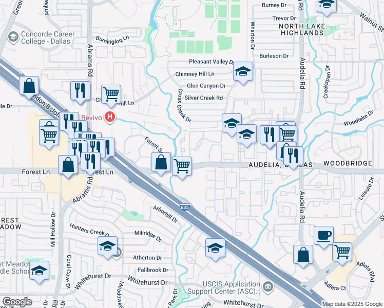 map of restaurants, bars, coffee shops, grocery stores, and more near 9637 Forest Lane in Dallas