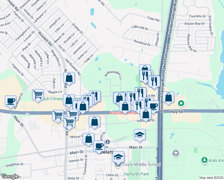 map of restaurants, bars, coffee shops, grocery stores, and more near 4301 Founders Drive in Rowlett