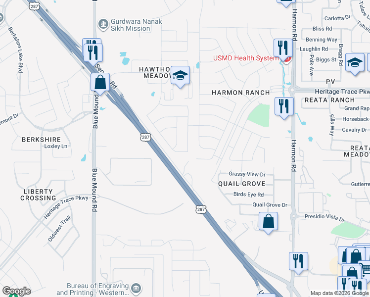 map of restaurants, bars, coffee shops, grocery stores, and more near 9300 Belle River Trail in Fort Worth