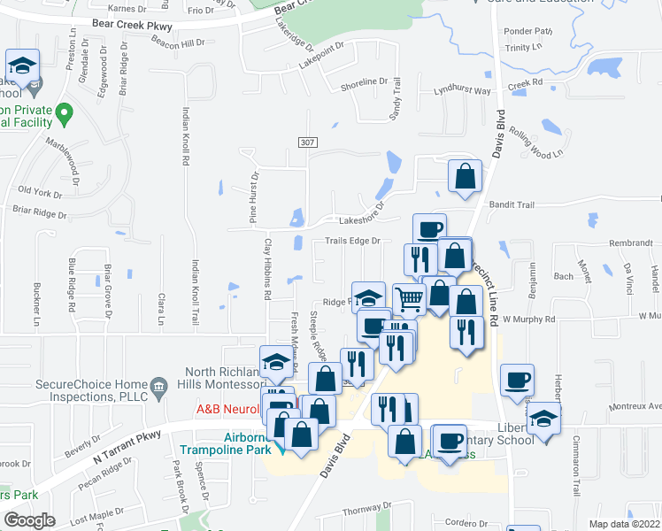 map of restaurants, bars, coffee shops, grocery stores, and more near 8616 Twisted Oaks Way in North Richland Hills