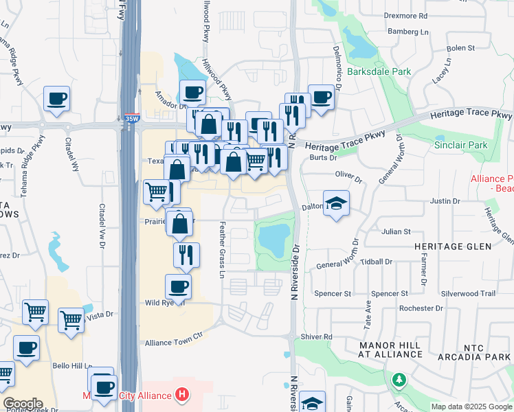 map of restaurants, bars, coffee shops, grocery stores, and more near 3255 Sagestone Drive in Fort Worth