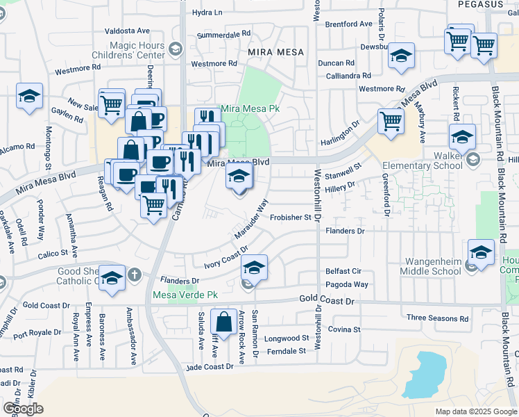 map of restaurants, bars, coffee shops, grocery stores, and more near 10510 Reagan Road in San Diego