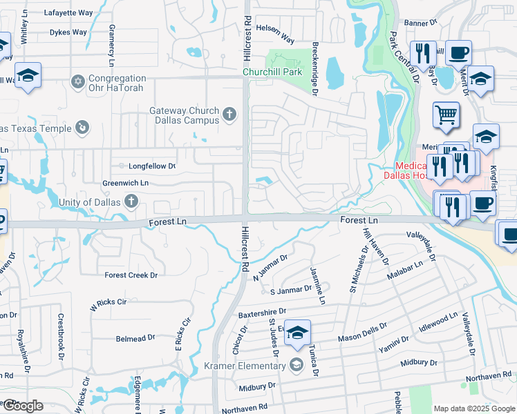 map of restaurants, bars, coffee shops, grocery stores, and more near 6924 Forest Cove Circle in Dallas