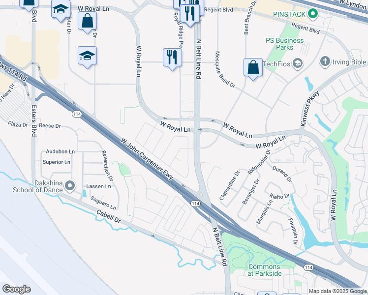 map of restaurants, bars, coffee shops, grocery stores, and more near 7664 Sonian Forest Drive in Irving