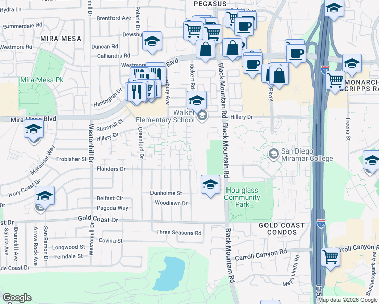 map of restaurants, bars, coffee shops, grocery stores, and more near 10543 Caminito Westchester in San Diego