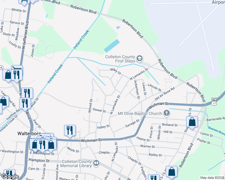 map of restaurants, bars, coffee shops, grocery stores, and more near 217 Springwood Drive in Walterboro
