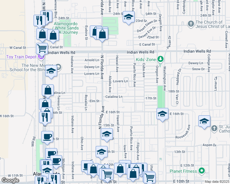 map of restaurants, bars, coffee shops, grocery stores, and more near 903 Catalina Lane in Alamogordo