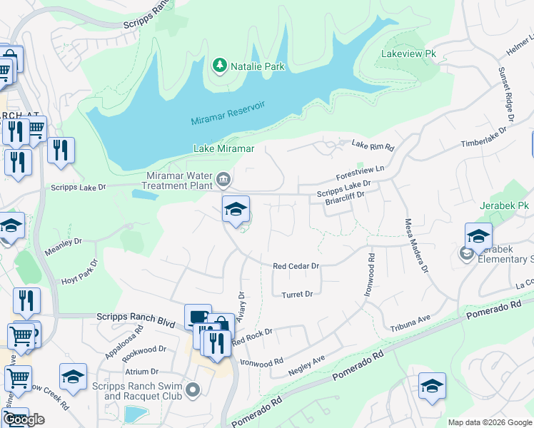 map of restaurants, bars, coffee shops, grocery stores, and more near 10404 Ridgewater Lane in San Diego