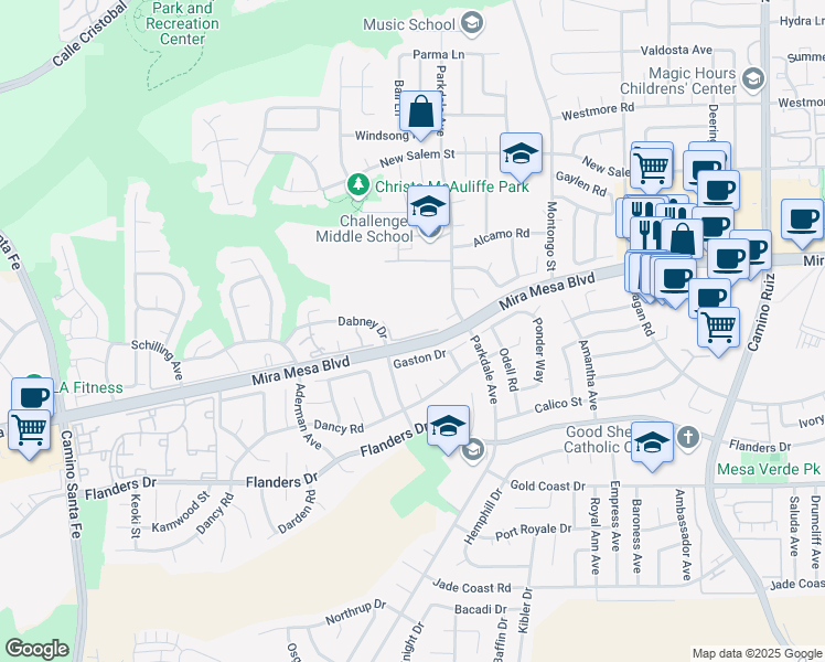 map of restaurants, bars, coffee shops, grocery stores, and more near 10627 Dabney Drive in San Diego