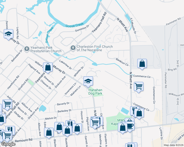 map of restaurants, bars, coffee shops, grocery stores, and more near 5820 North Murray Avenue in Hanahan
