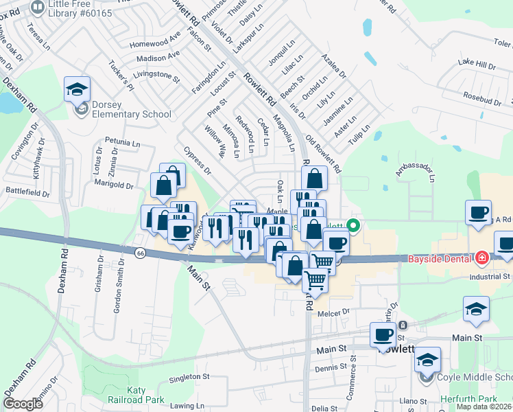 map of restaurants, bars, coffee shops, grocery stores, and more near 5505 Cypress Drive in Rowlett