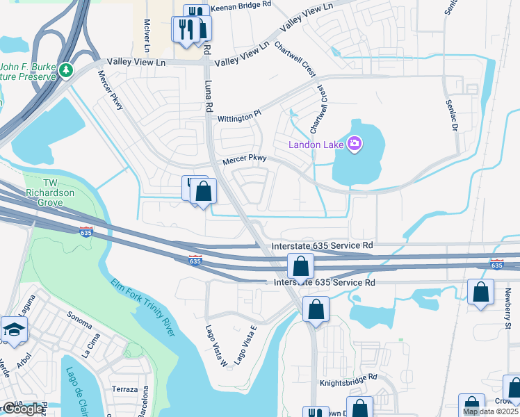 map of restaurants, bars, coffee shops, grocery stores, and more near 11994 Luna Road in Farmers Branch