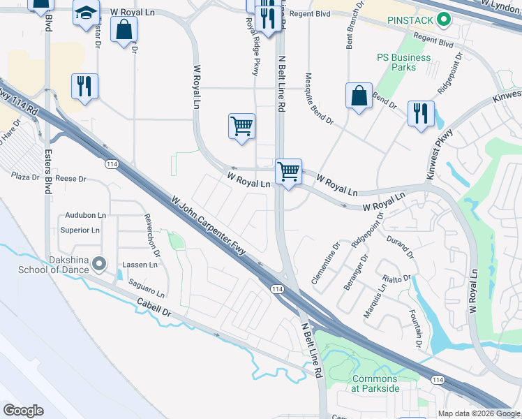 map of restaurants, bars, coffee shops, grocery stores, and more near 7664 Sonian Forest Drive in Irving