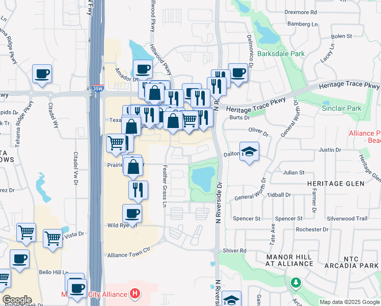 map of restaurants, bars, coffee shops, grocery stores, and more near 3255 Sagestone Drive in Fort Worth