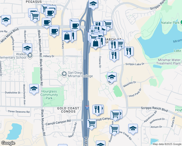 map of restaurants, bars, coffee shops, grocery stores, and more near 10620 Falcon Way in San Diego