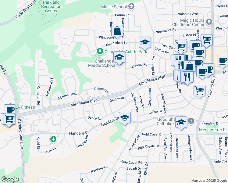 map of restaurants, bars, coffee shops, grocery stores, and more near 10627 Dabney Drive in San Diego