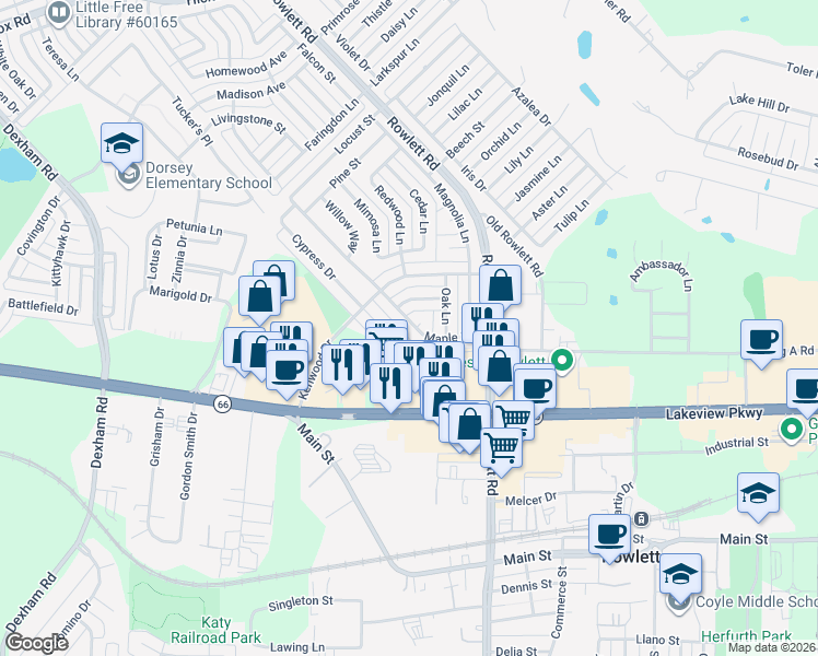 map of restaurants, bars, coffee shops, grocery stores, and more near 5505 Cypress Drive in Rowlett