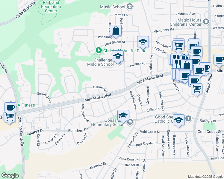 map of restaurants, bars, coffee shops, grocery stores, and more near 10611 Dabney Drive in San Diego