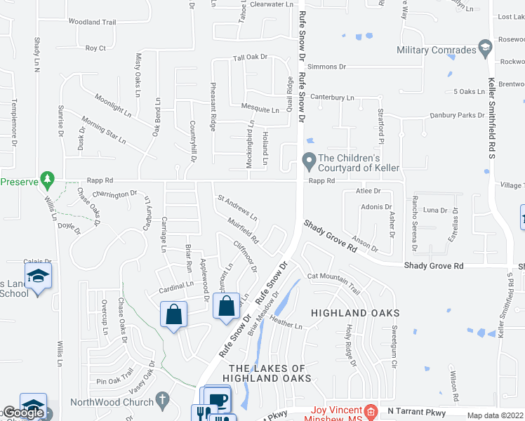 map of restaurants, bars, coffee shops, grocery stores, and more near 753 Saint Andrews Lane in Keller