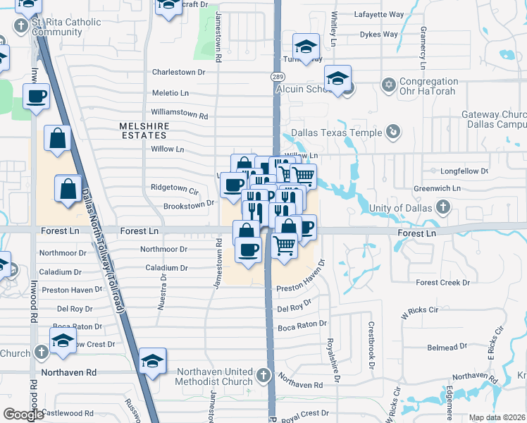map of restaurants, bars, coffee shops, grocery stores, and more near 11835 Preston Road in Dallas