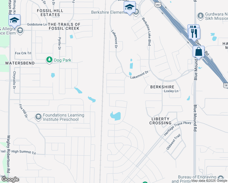 map of restaurants, bars, coffee shops, grocery stores, and more near 9521 Abington Avenue in Fort Worth