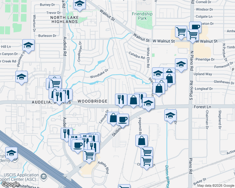 map of restaurants, bars, coffee shops, grocery stores, and more near 11817 Garden Terrace Drive in Dallas