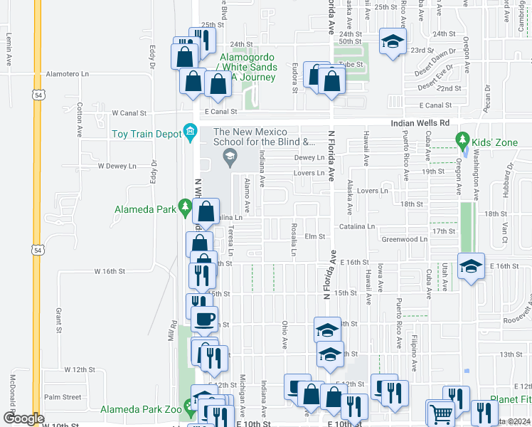 map of restaurants, bars, coffee shops, grocery stores, and more near 501 Catalina Lane in Alamogordo