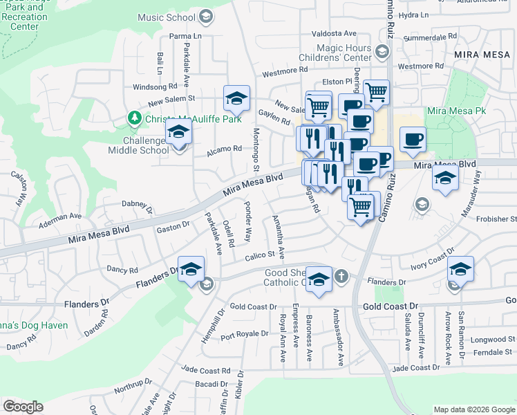 map of restaurants, bars, coffee shops, grocery stores, and more near 7988 Lakeport Road in San Diego
