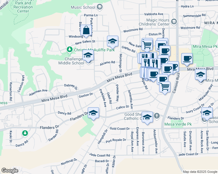 map of restaurants, bars, coffee shops, grocery stores, and more near 7880 Dancy Road in San Diego