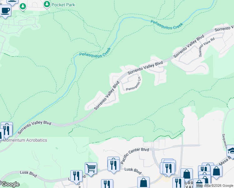 map of restaurants, bars, coffee shops, grocery stores, and more near 5299 Setting Sun Way in San Diego