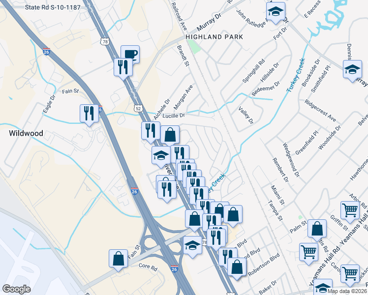 map of restaurants, bars, coffee shops, grocery stores, and more near 6258 Rivers Avenue in North Charleston