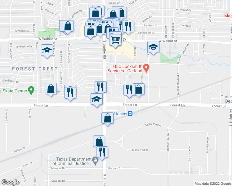 map of restaurants, bars, coffee shops, grocery stores, and more near 3401 Forest Lane in Garland