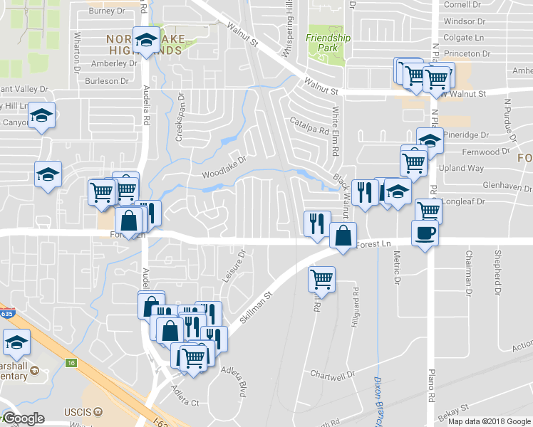 map of restaurants, bars, coffee shops, grocery stores, and more near 11817 Garden Terrace Drive in Dallas