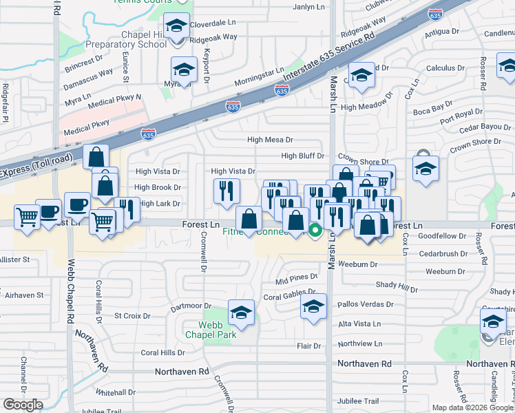 map of restaurants, bars, coffee shops, grocery stores, and more near 11840 Highdale Drive in Dallas