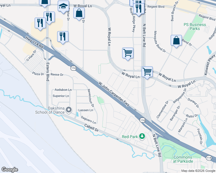 map of restaurants, bars, coffee shops, grocery stores, and more near 3740 Coldstream Drive in Irving