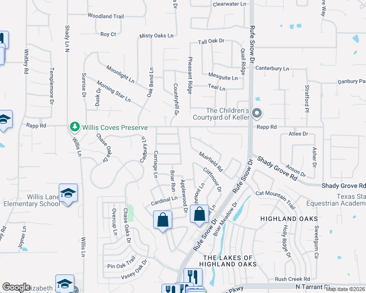 map of restaurants, bars, coffee shops, grocery stores, and more near 1333 Gatewood Drive in Keller