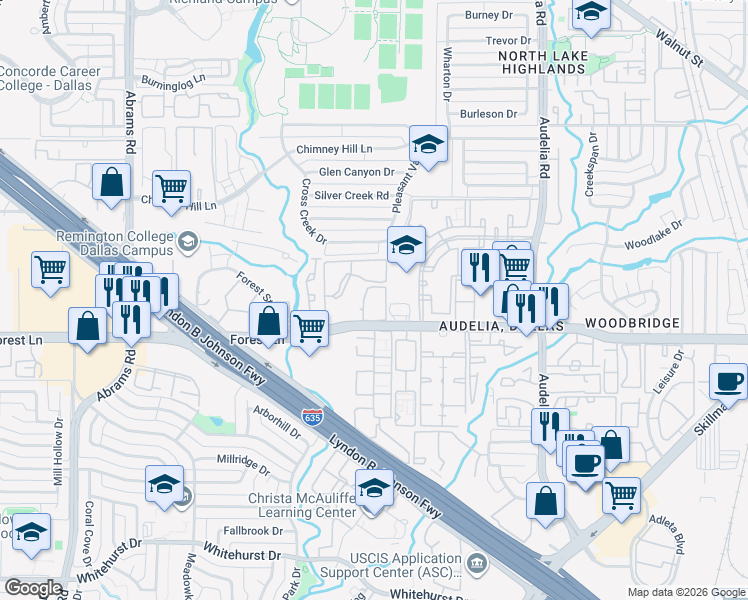 map of restaurants, bars, coffee shops, grocery stores, and more near 9659 Forest Lane in Dallas